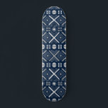Cool Modern Geometric Tribal Blue Silver Pattern Skateboard<br><div class="desc">Cool Modern Geometric Tribal Blue Silver Pattern Skateboard features a modern silver geometric tribal pattern on a blue background. Designed by ©Evco Studio www.zazzle.com/store/evcostudio</div>
