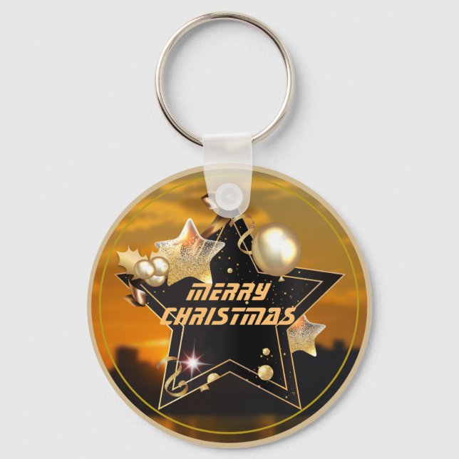 Cool Modern Gold Black Metallic Stars Merry Xmas   Key Ring (Front)