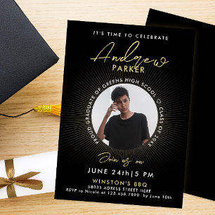Cool Modern Graduation Black Gold Photo Invitation