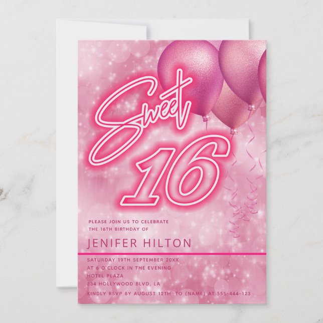 Cool modern pink balloon  neon sweet 16 invitation (Front)