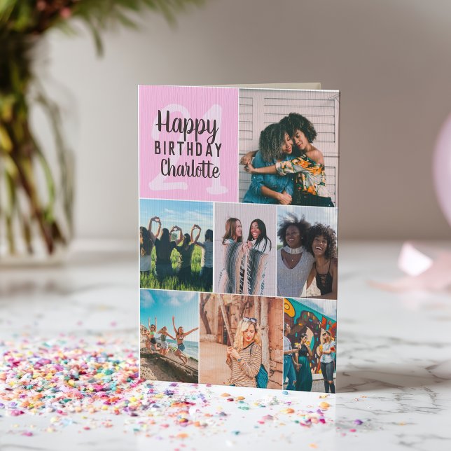Cool modern pink photos collage grid 21 birthday card (Cool modern pink photos collage grid 21 birthday card)