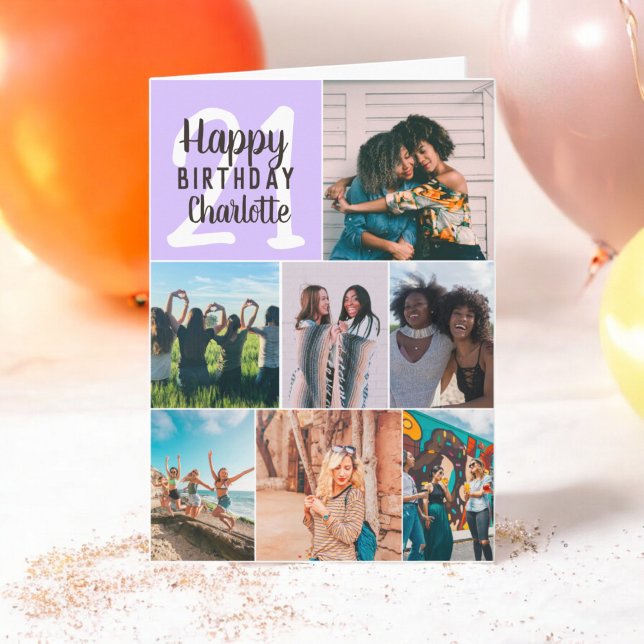 Cool modern purple photos collage grid 21 birthday card (Cool modern purple photos collage grid 21 birthday card)