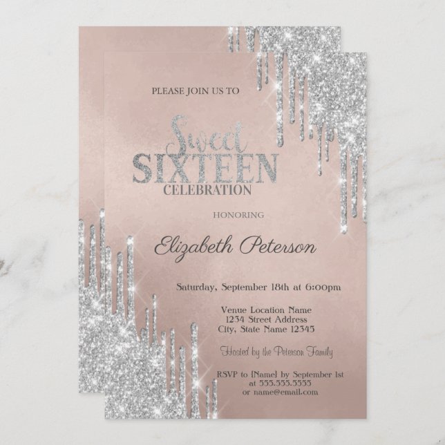 Cool Modern Silver Glitter Drips Sweet 16   Invitation (Front/Back)