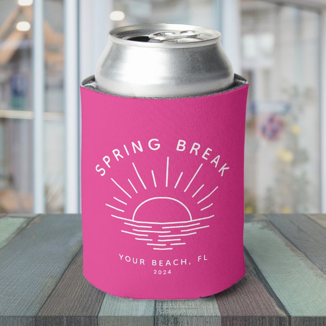 Cool Modern Spring Break Custom Location  Can Cooler (A hot pink can cooler with "Spring Break" and a minimalist sunset design + custom  text)
