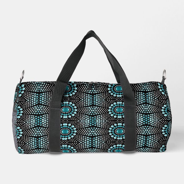 Cool Modern Stylish Teal on Black Popular Dot Art  Duffle Bag (Back)