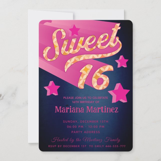 Cool modern super star typography pink blue invitation (Front)