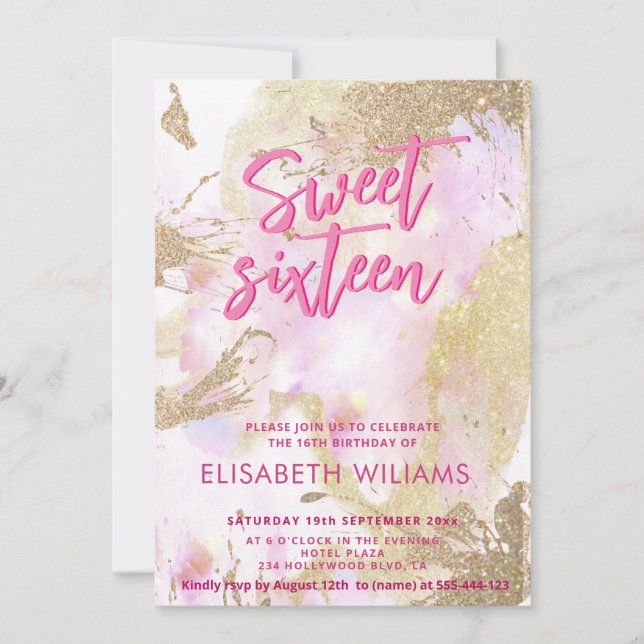Cool modern  watercolor  typography sweet 16 invitation (Front)