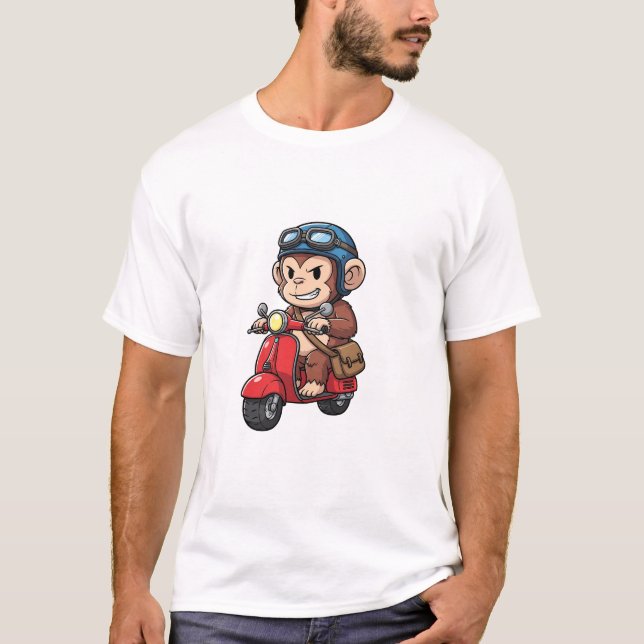 Cool Monkey Courier Riding Red Retro Scooter T-Shirt (Front)