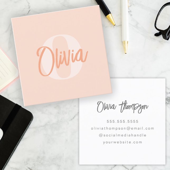 Cool Monochrome Blush Pink Trendy Script Monogram Square Business Card (Creator Uploaded)