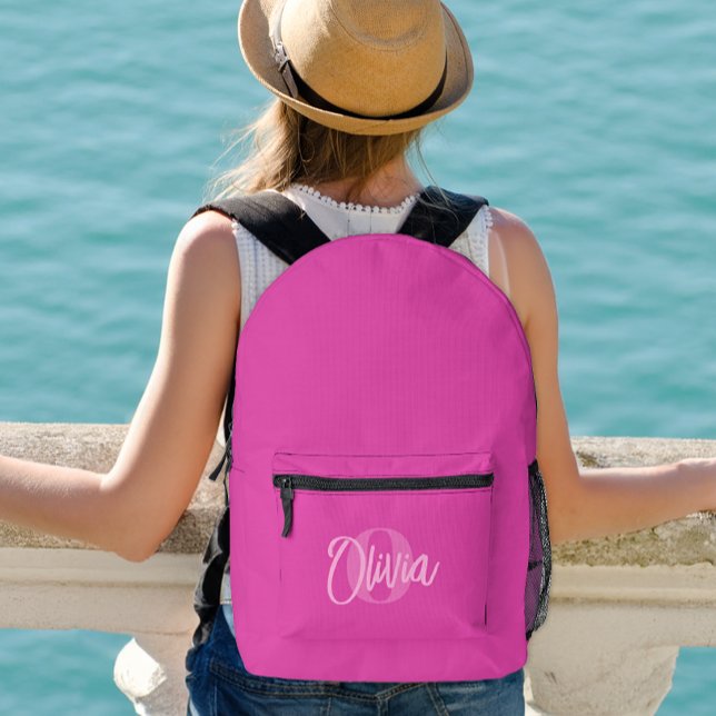 Cool Monochrome Preppy Pink Modern Script Monogram Printed Backpack (Creator Uploaded)