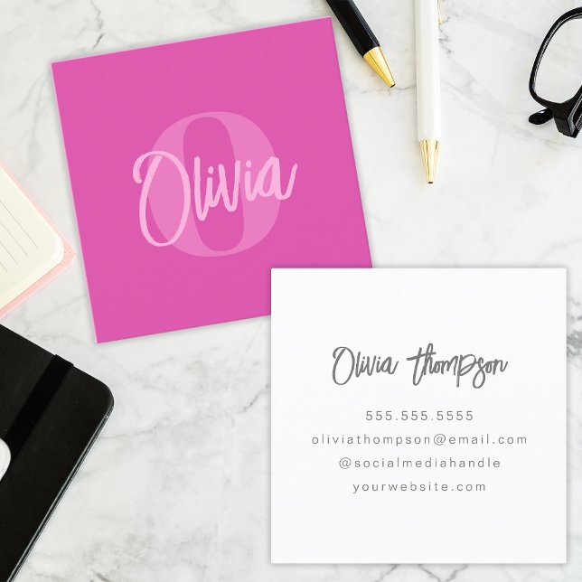 Cool Monochrome Preppy Pink Trendy Script Monogram Square Business Card (Creator Uploaded)