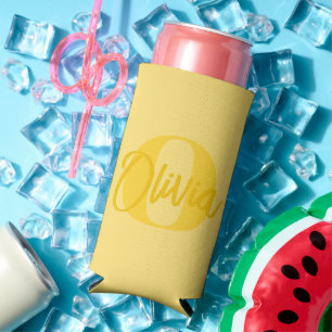 Cool Monochrome Yellow Trendy Script Monogram Beer Seltzer Can Cooler