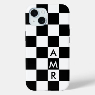 Cool Monogram Black White Chequered Pattern iPhone 15 Case