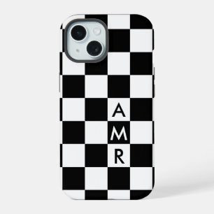 Cool Monogram Black White Chequered Pattern iPhone 15 Case