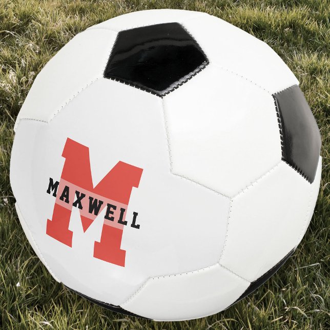 Cool Monogram Custom Name Classic Red Black Soccer Ball (Creator Uploaded)