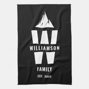 Cool Monogram Family Name Mountains Black White Tea Towel