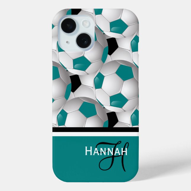 Cool Monogram Teal Black Soccer Ball Pattern Case-Mate iPhone Case (Back)