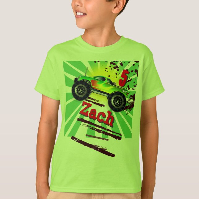 Cool Monster Truck With Custom Name & Age T Shirt (Front)