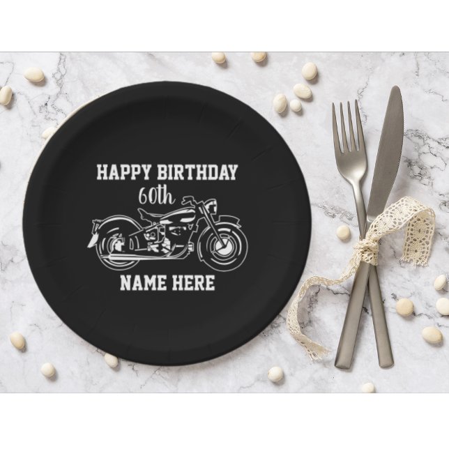 Cool Motorcycle Birthday Name Age Men's Paper Plate (Happy Birthday Plates with a motorcycle theme.)