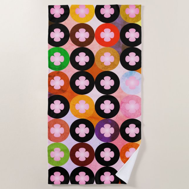 Cool Multi Coloured Circles & Pink Clovers Beach Towel (Front)