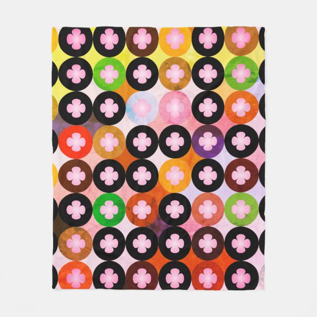 Cool Multi Coloured Circles & Pink Clovers Fleece Blanket (Front)
