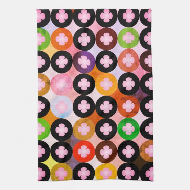 Cool Multi Coloured Circles & Pink Clovers Tea Towel (Vertical)
