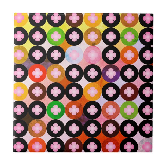 Cool Multi Coloured Circles & Pink Clovers Tile (Front)