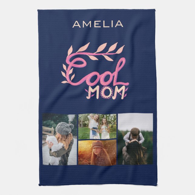 Cool Mum Hand Lettering Mother`s Day 4 Photo Tea Towel (Vertical)