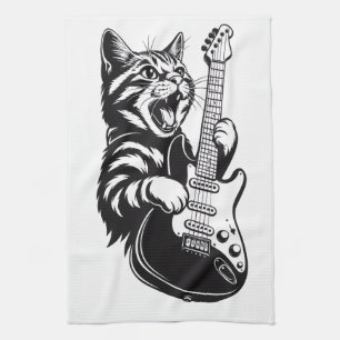 Cool Music Love   Rock Cat Playing Electric Guitar Tea Towel