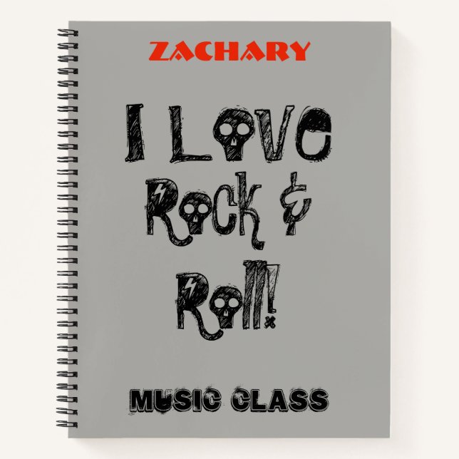 Cool Music Rock and Roll Skulls Personalise Name Notebook (Front)