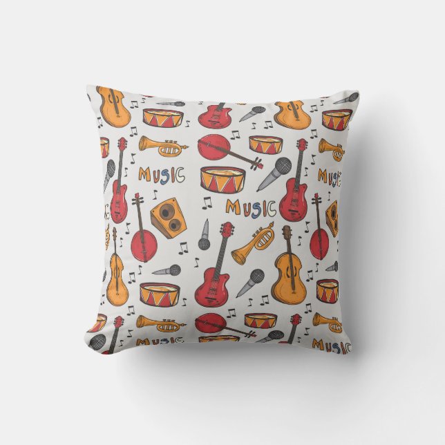 Cool Music Themed Banjo Drums Guitar Violin More Cushion (Front)
