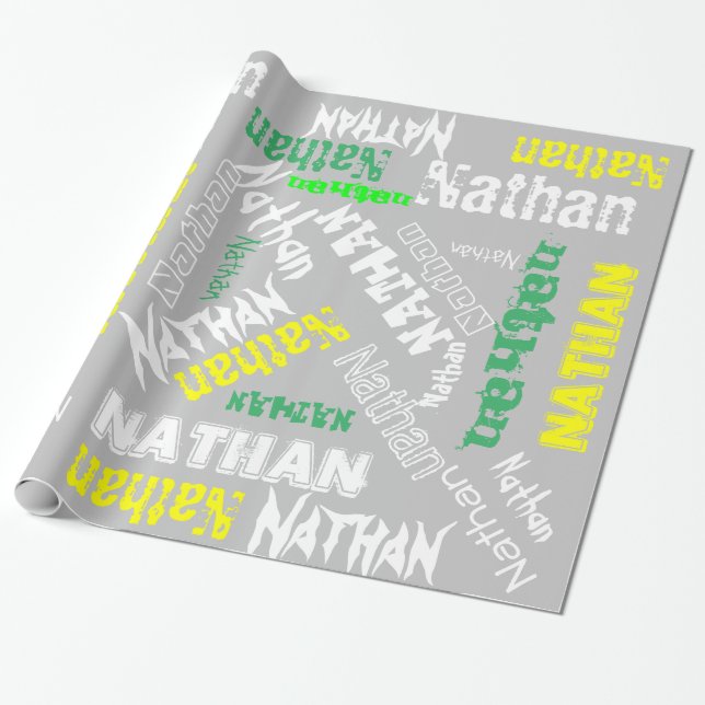 Cool Name Collage Modern Typography Custom Grey Wrapping Paper (Unrolled)