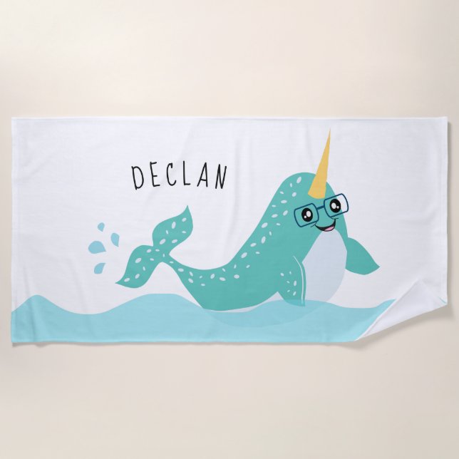 Cool Narwhal Arctic Whale with Glasses Cartoon Beach Towel (Front)