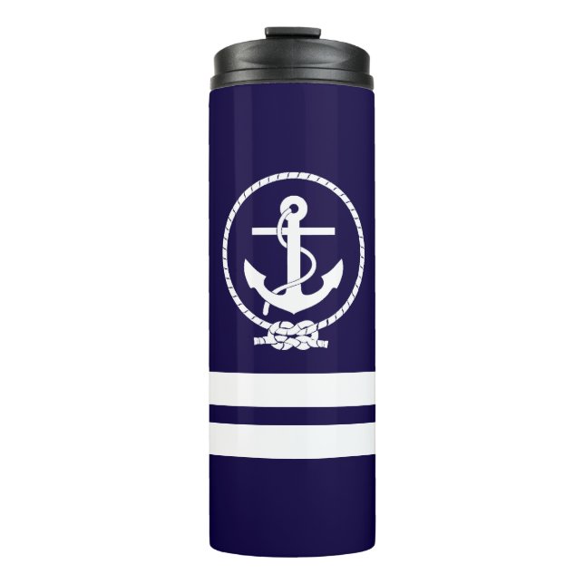 Cool Nautical Anchor and White Stripe Pattern Thermal Tumbler (Front)