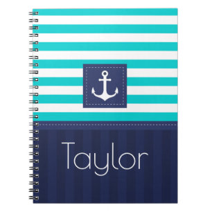 Cool Nautical Blue Stripes Design Personalised Spiral Notebook