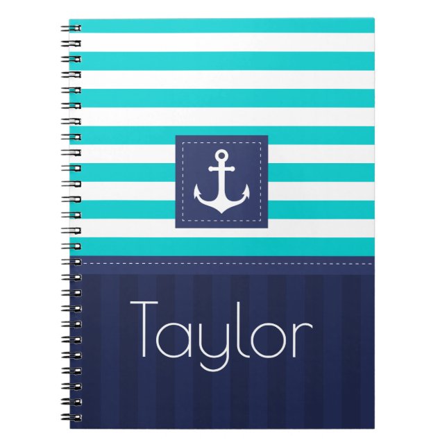 Cool Nautical Blue Stripes Design Personalised Spiral Notebook (Front)