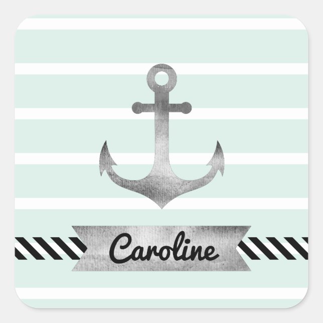 Cool Nautical Mint Stripes Anchor Personalised Square Sticker (Front)