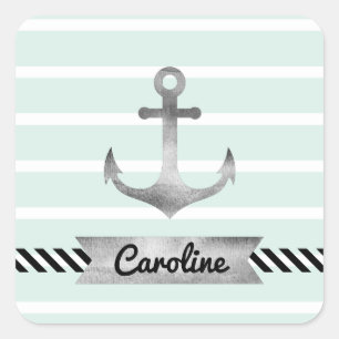Cool Nautical Mint Stripes Anchor Personalised Square Sticker