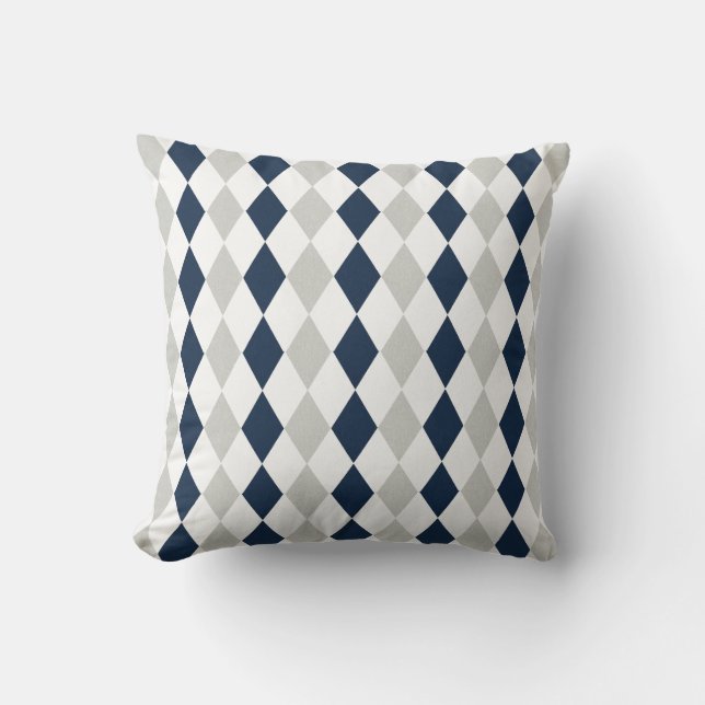 Cool Navy Blue and Grey Argyle Diamond Pattern Cushion (Front)