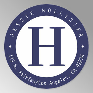 Cool Navy Blue Circle Monogram Return Address Classic Round Sticker