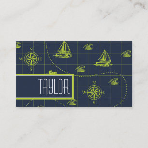 Cool, Navy Blue, Lime Green Nautical Map Business Card