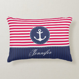 Cool Navy Blue Red Anchor Personalised Text Decorative Cushion