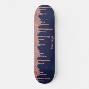 Cool Navy Blue Rose Gold Glitter Sparkle Drips Skateboard