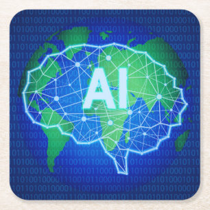 Cool Neon Artificial Intelligence with World Map Square Paper Coaster