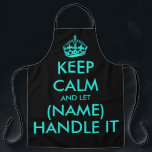 Cool neon blue and black keep calm barbecue apron<br><div class="desc">Cool neon blue and black keep calm barbecue apron. Modern typography template with crown. Personalised kitchen cooking aprons in any amazing colour combination you like. Stylish template with big letter typography design. Add your own name or humourous meme quote. Create your own one of a kind Birthday party gift for...</div>
