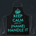 Cool neon blue and black keep calm barbecue apron<br><div class="desc">Cool neon blue and black keep calm barbecue apron. Modern typography template with crown. Personalised kitchen cooking aprons in any amazing colour combination you like. Stylish template with big letter typography design. Add your own name or humourous meme quote. Create your own one of a kind Birthday party gift for...</div>