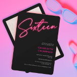 Cool neon pink script retro black photo Sweet 16 Invitation<br><div class="desc">Cool neon pink script retro black photo Sweet 16 invitation.</div>