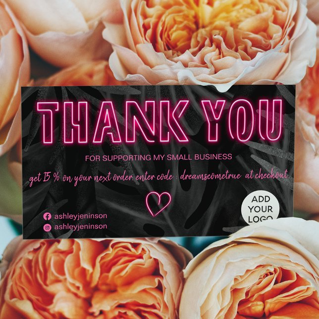 Cool neon pink sign order thank you black leaf business card (Creator Uploaded)