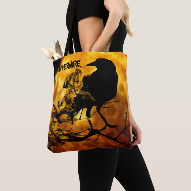 Cool 'Nevermore' Black Raven Orange Full Moon Tote Bag (Close Up)