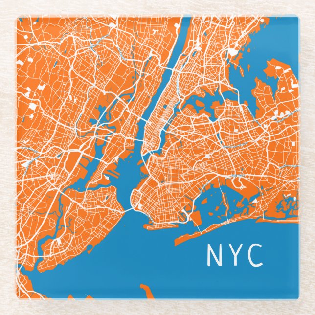 Cool New York City Map | NYC | Orange & Turquoise Glass Coaster (Front)